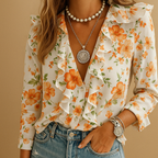 Women's Floral Ruffled V-Neck Blouse with Long Sleeves