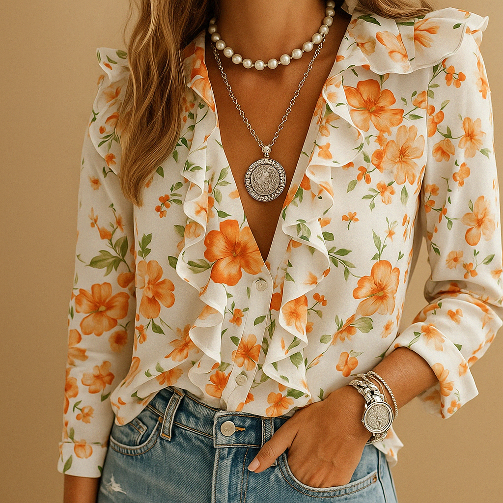 Women's Floral Ruffled V-Neck Blouse with Long Sleeves