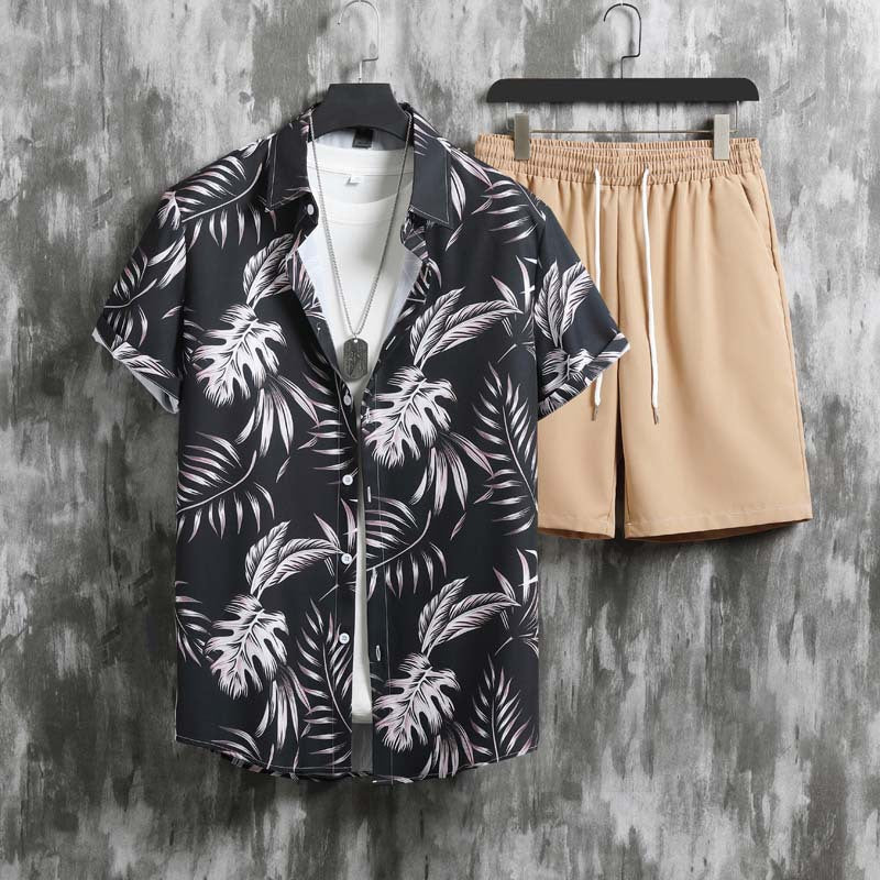 Men's Relaxed Two-Piece Set with Floral Cuban Collar Shirt