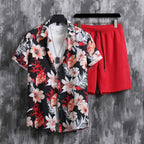 Men's Relaxed Two-Piece Set with Floral Cuban Collar Shirt