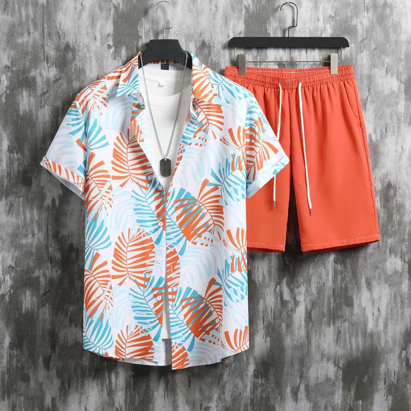 Men's Relaxed Two-Piece Set with Floral Cuban Collar Shirt