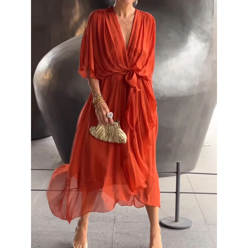 Women's Chiffon Midi Dress with V-Neck and Tie Belt