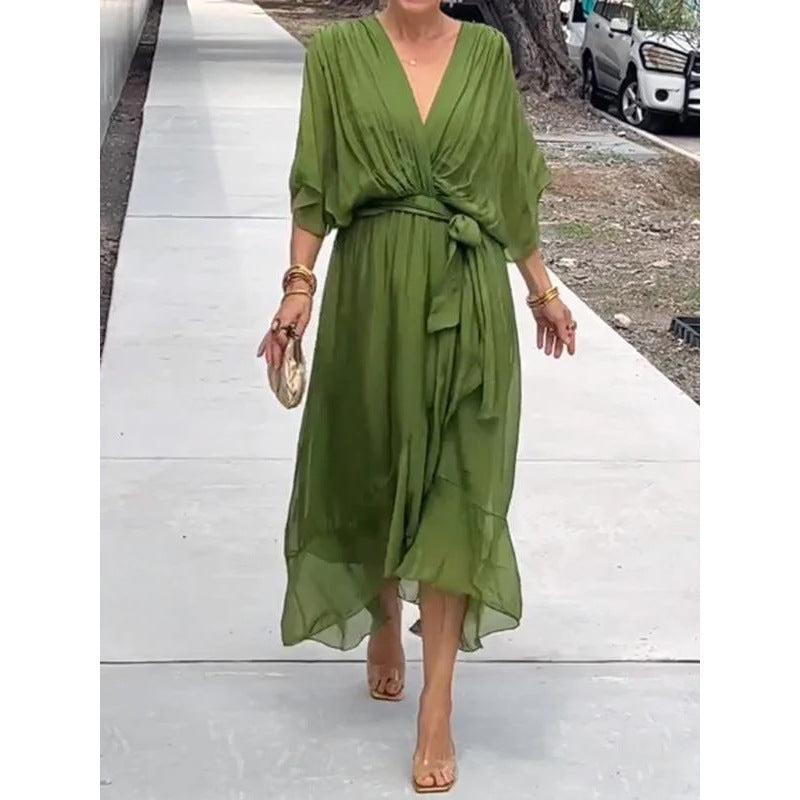 Women's Chiffon Midi Dress with V-Neck and Tie Belt