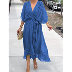 Women's Chiffon Midi Dress with V-Neck and Tie Belt