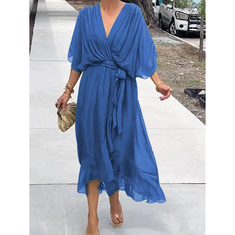 Women's Chiffon Midi Dress with V-Neck and Tie Belt