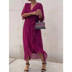 Women's Chiffon Midi Dress with V-Neck and Tie Belt