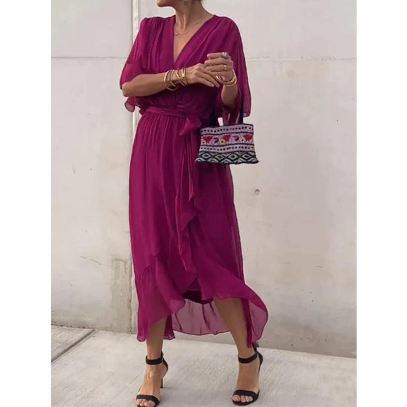 Women's Chiffon Midi Dress with V-Neck and Tie Belt
