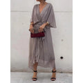 Women's Chiffon Midi Dress with V-Neck and Tie Belt