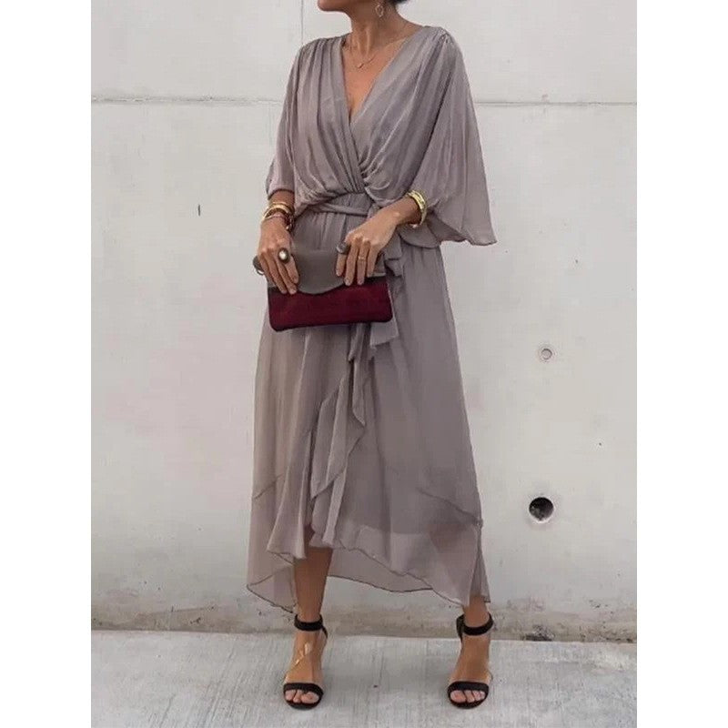 Women's Chiffon Midi Dress with V-Neck and Tie Belt