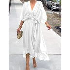 Women's Chiffon Midi Dress with V-Neck and Tie Belt