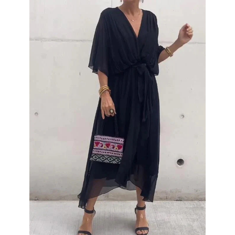Women's Chiffon Midi Dress with V-Neck and Tie Belt