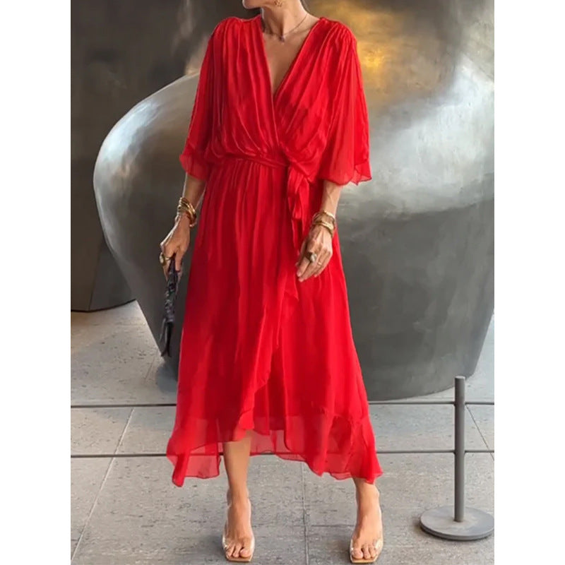 Women's Chiffon Midi Dress with V-Neck and Tie Belt