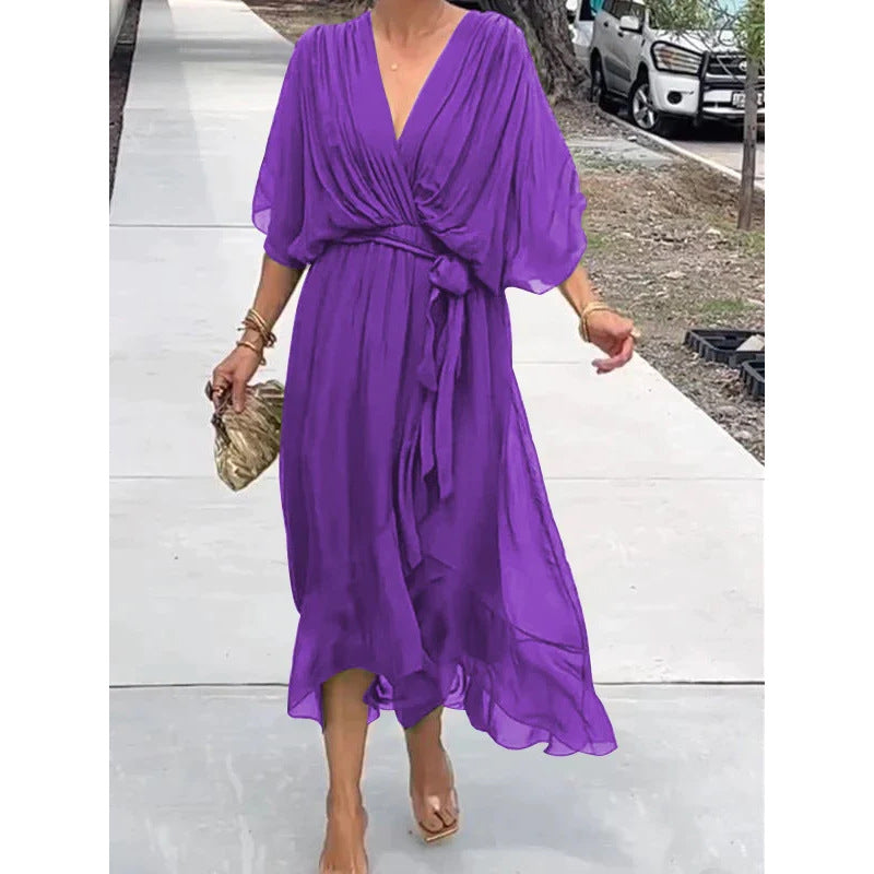 Women's Chiffon Midi Dress with V-Neck and Tie Belt