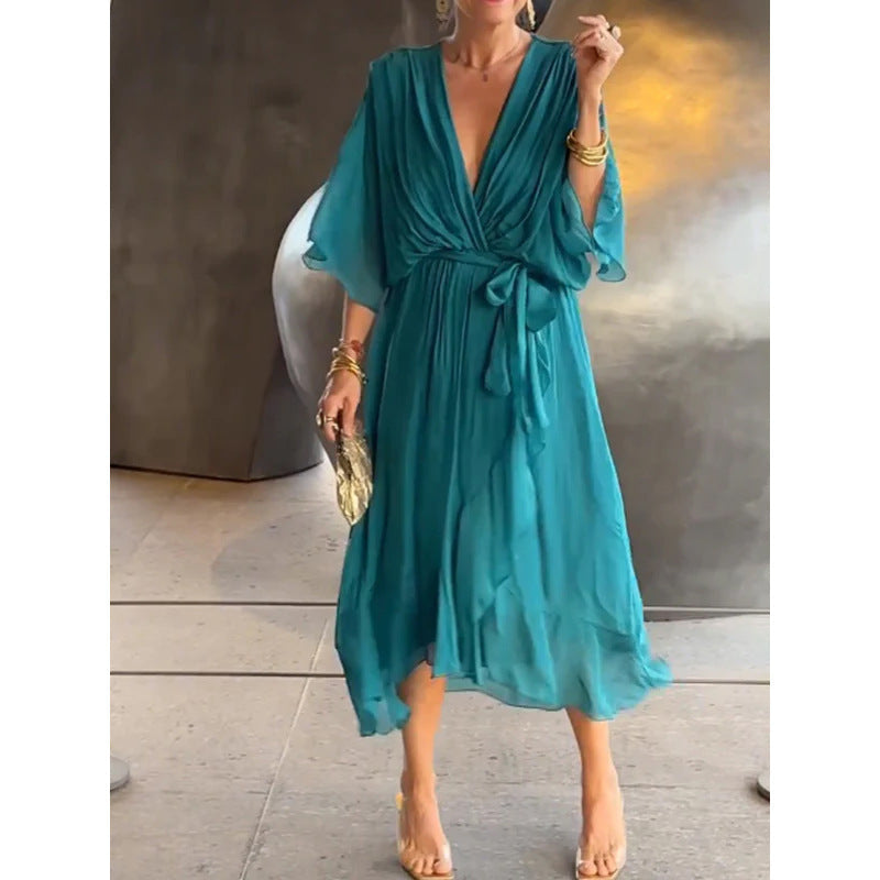 Women's Chiffon Midi Dress with V-Neck and Tie Belt