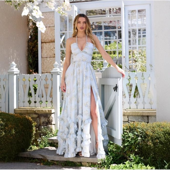 Women's Flowing Chiffon Maxi Dress with Halter V-Neck
