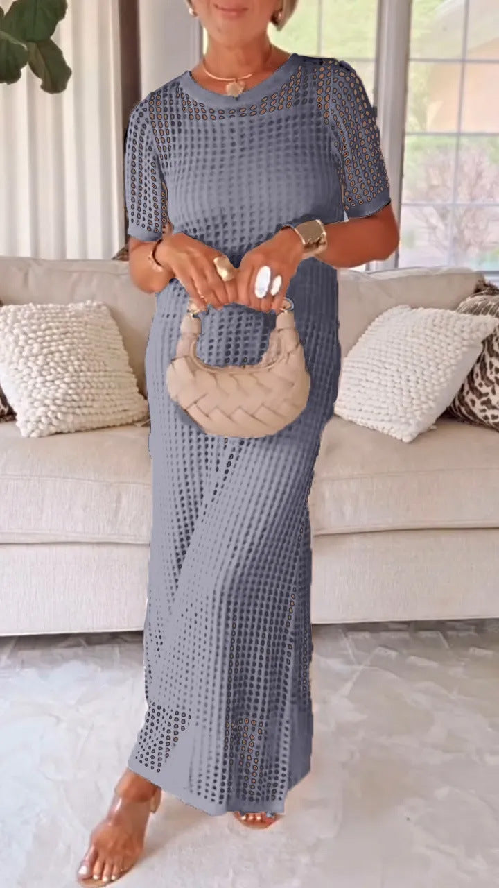 Women's Open-Knit Maxi Dress with Short Sleeves