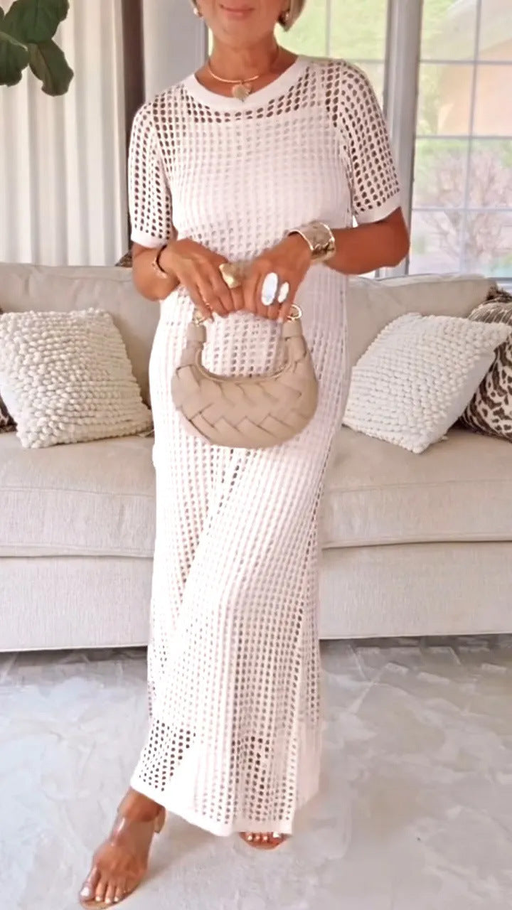 Women's Open-Knit Maxi Dress with Short Sleeves