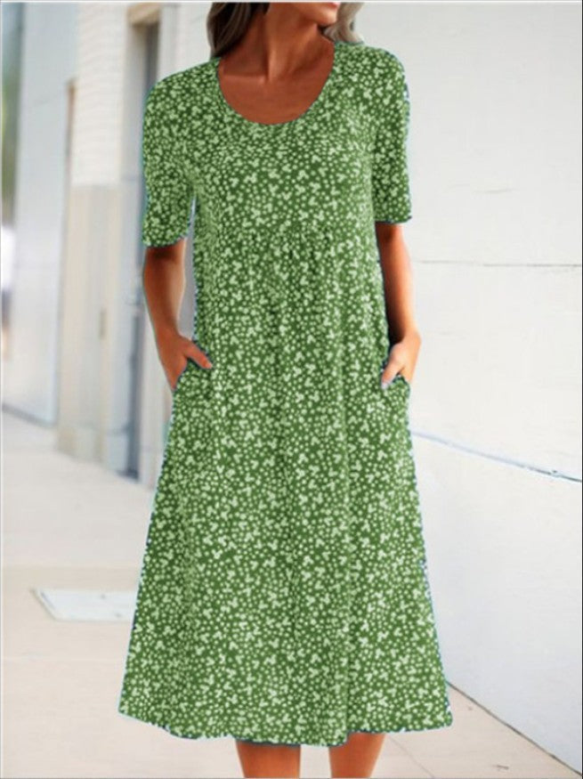 Women's Abstract Print Knit Mini Dress with Round Neck and Empire Waist