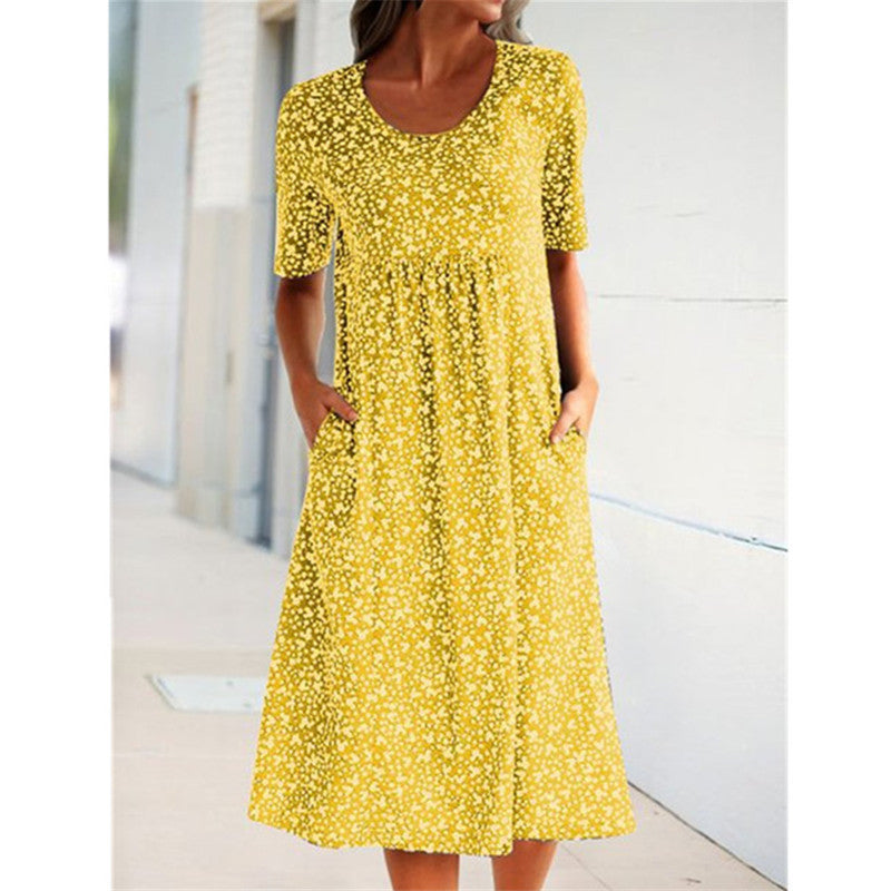 Women's Abstract Print Knit Mini Dress with Round Neck and Empire Waist
