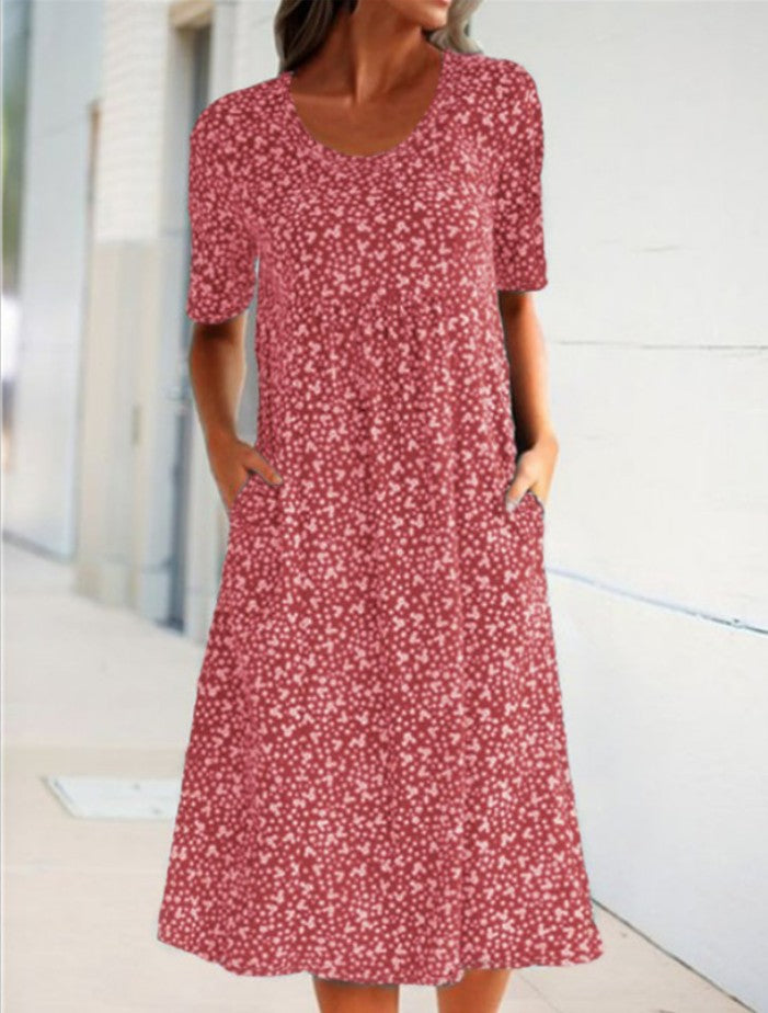 Women's Abstract Print Knit Mini Dress with Round Neck and Empire Waist