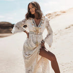 Women's Flowing Lace Bohemian Maxi Dress with Tassel V-Neck and Bell Sleeves