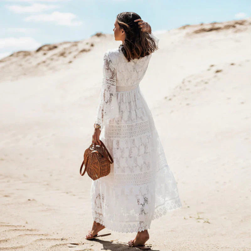 Women's Flowing Lace Bohemian Maxi Dress with Tassel V-Neck and Bell Sleeves