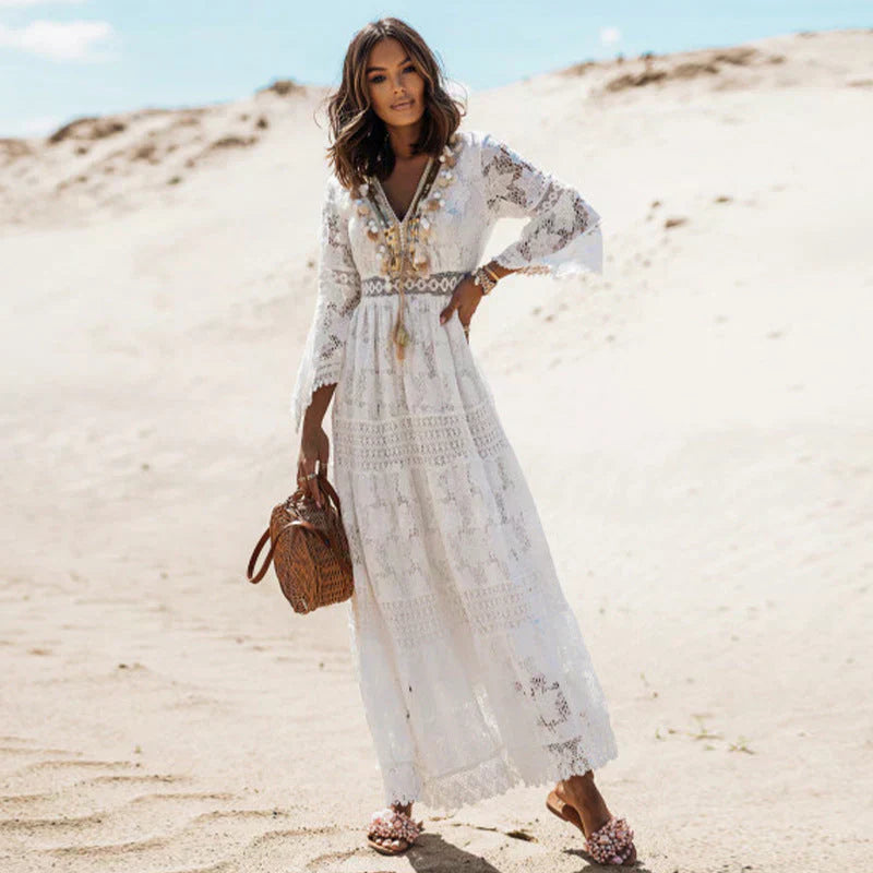 Women's Flowing Lace Bohemian Maxi Dress with Tassel V-Neck and Bell Sleeves