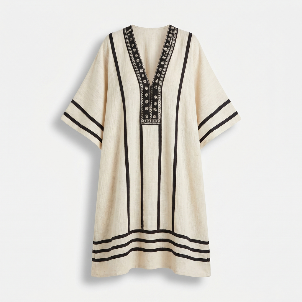 Women's Striped Mini Beach Dress with Embroidered V-Neck and Wide Sleeves