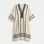 Women's Striped Mini Beach Dress with Embroidered V-Neck and Wide Sleeves