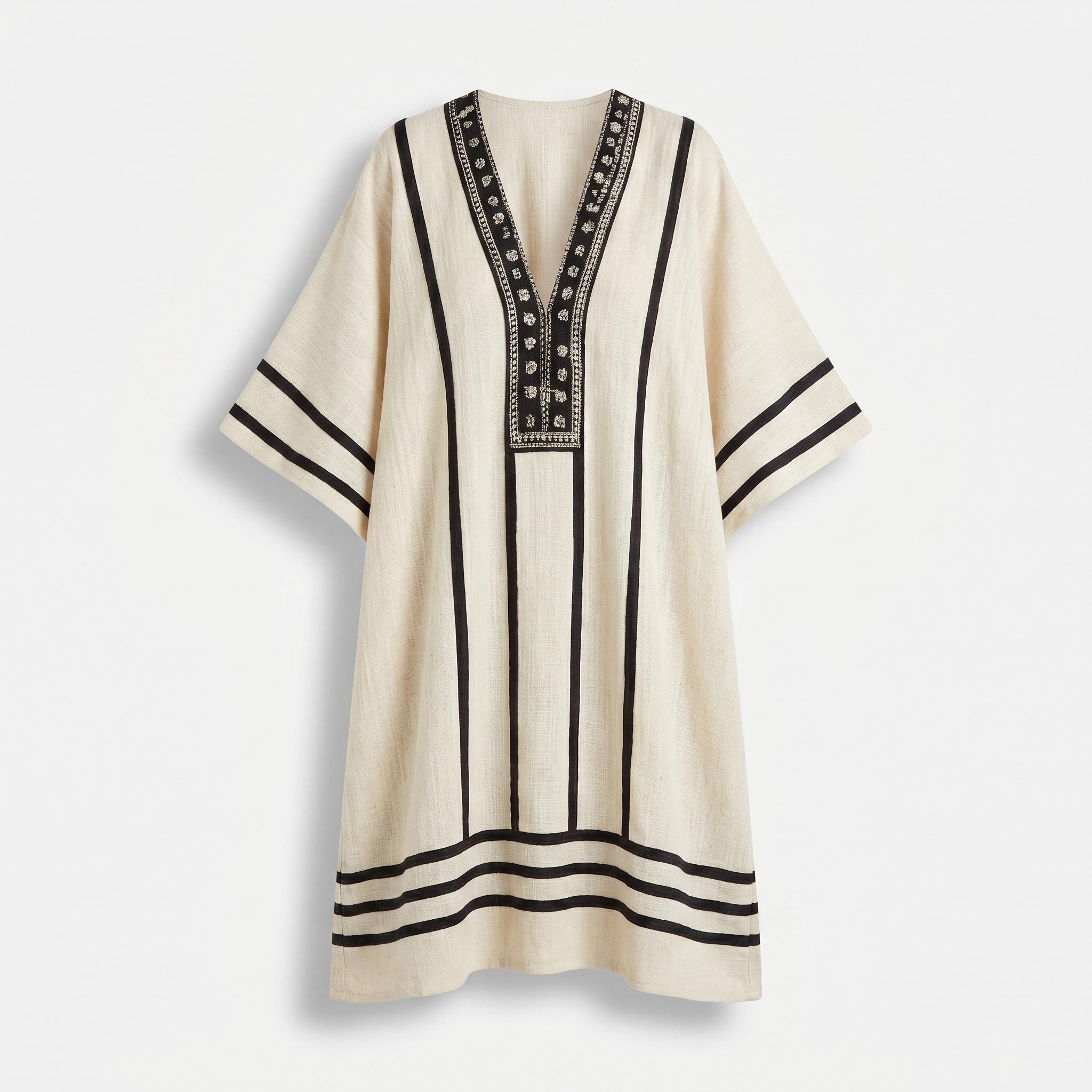 Women's Striped Mini Beach Dress with Embroidered V-Neck and Wide Sleeves