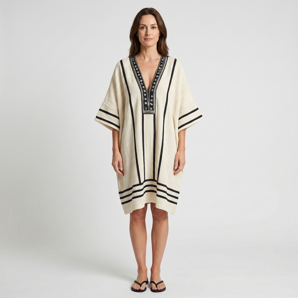 Women's Striped Mini Beach Dress with Embroidered V-Neck and Wide Sleeves