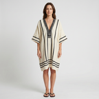 Women's Striped Mini Beach Dress with Embroidered V-Neck and Wide Sleeves