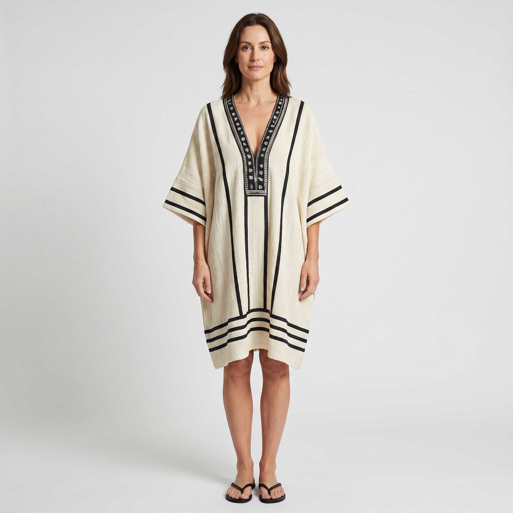 Women's Striped Mini Beach Dress with Embroidered V-Neck and Wide Sleeves