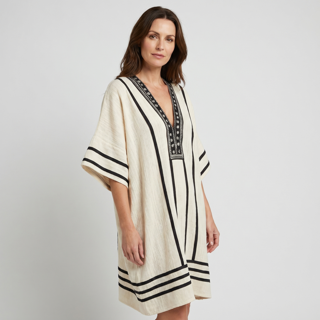 Women's Striped Mini Beach Dress with Embroidered V-Neck and Wide Sleeves