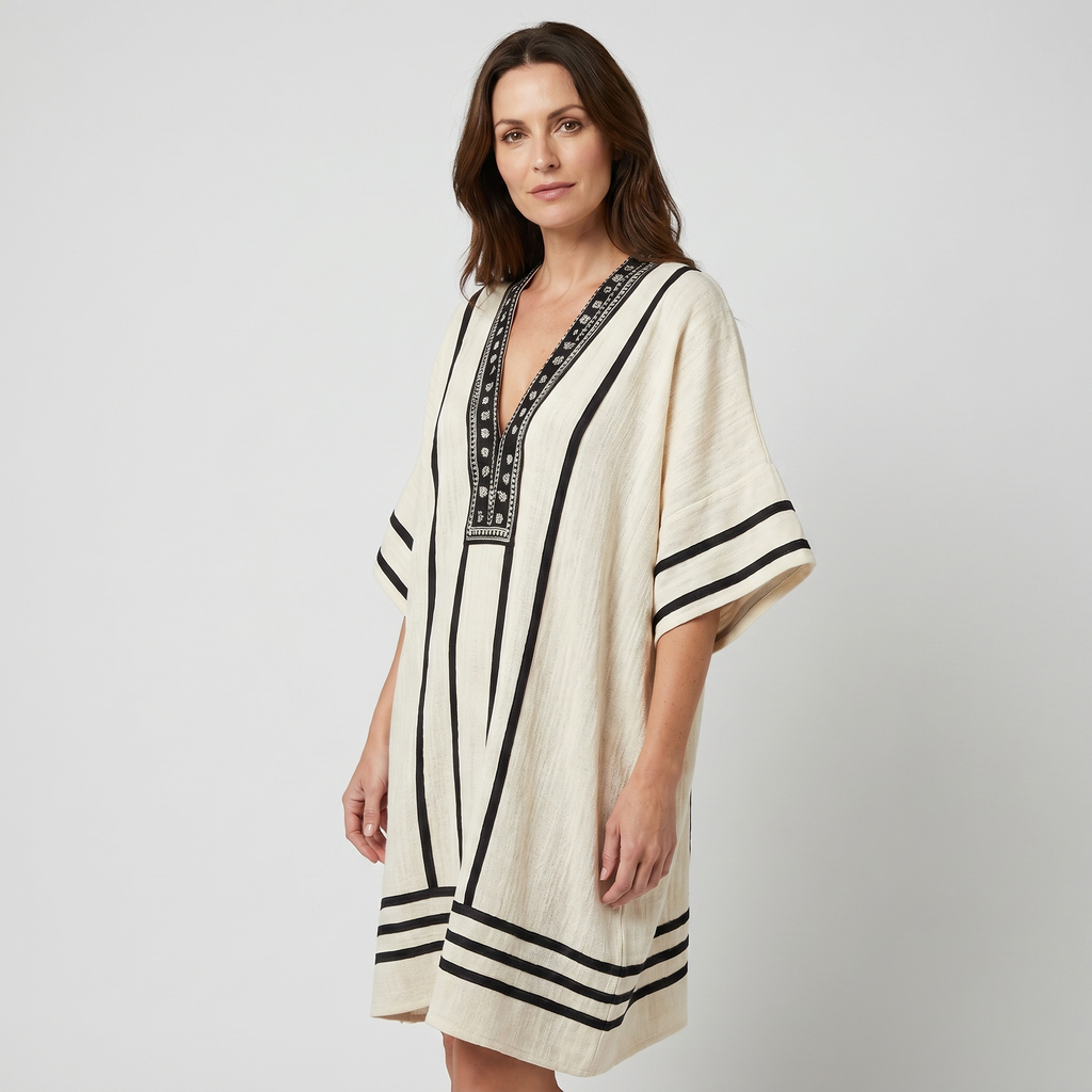 Women's Striped Mini Beach Dress with Embroidered V-Neck and Wide Sleeves