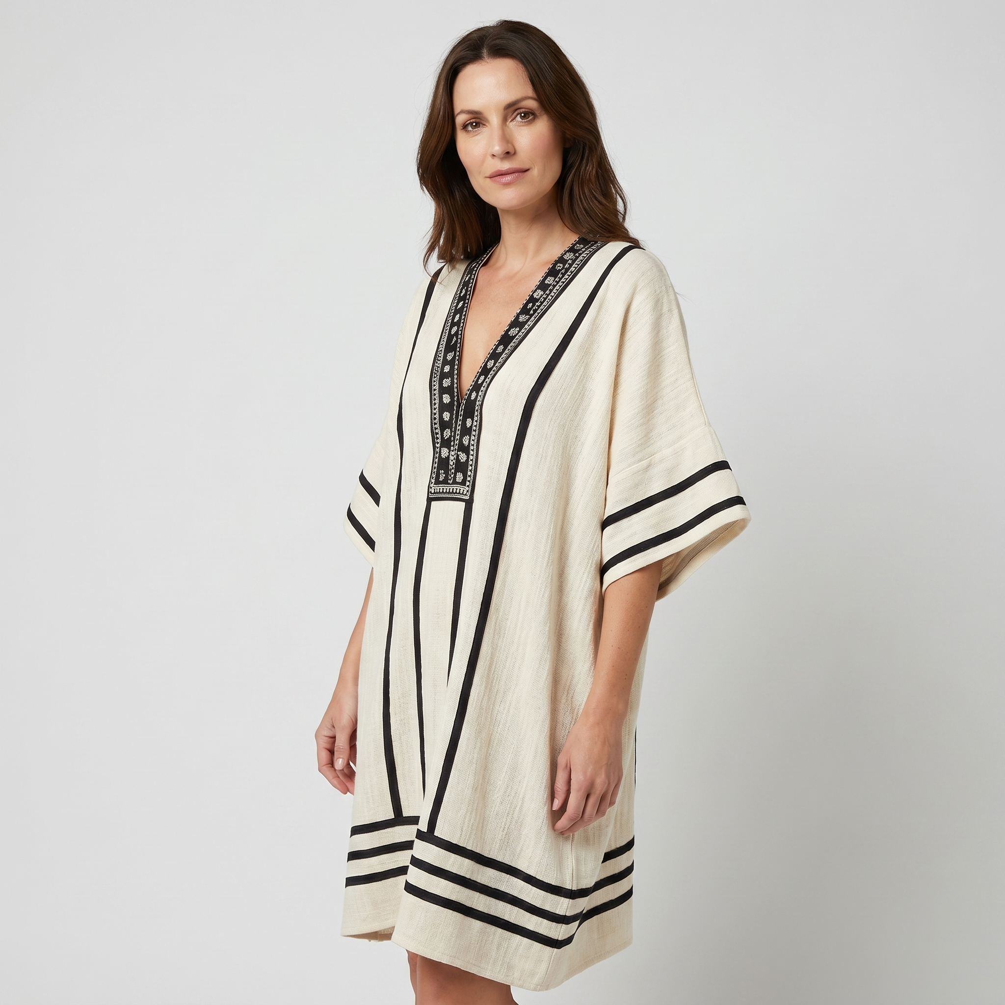 Women's Striped Mini Beach Dress with Embroidered V-Neck and Wide Sleeves