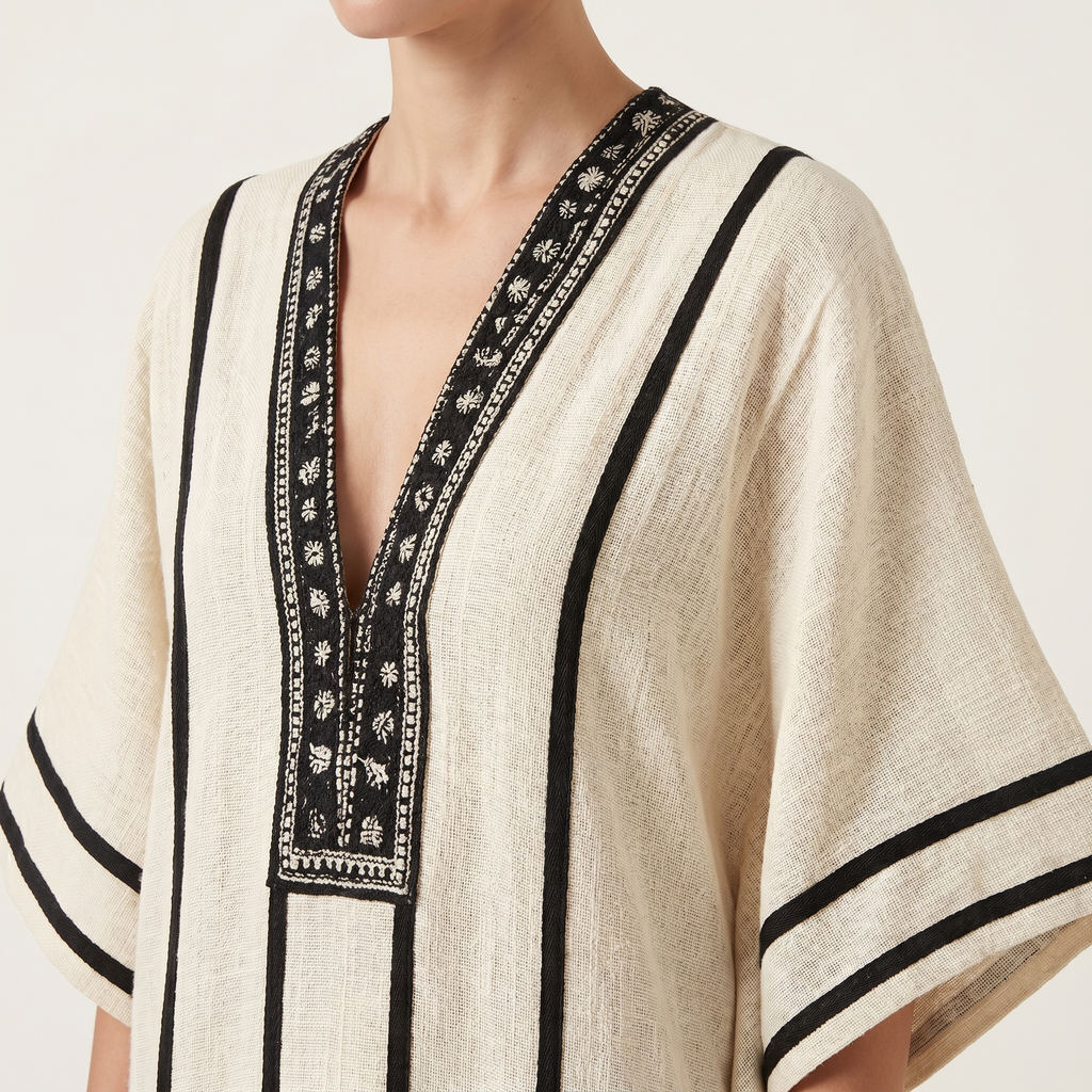 Women's Striped Mini Beach Dress with Embroidered V-Neck and Wide Sleeves