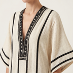 Women's Striped Mini Beach Dress with Embroidered V-Neck and Wide Sleeves