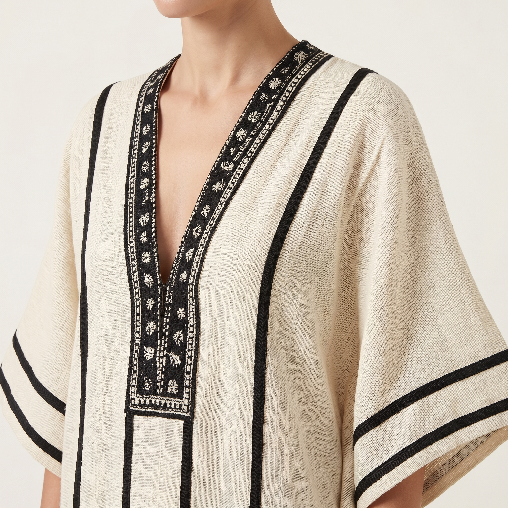 Women's Striped Mini Beach Dress with Embroidered V-Neck and Wide Sleeves
