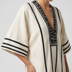 Women's Striped Mini Beach Dress with Embroidered V-Neck and Wide Sleeves