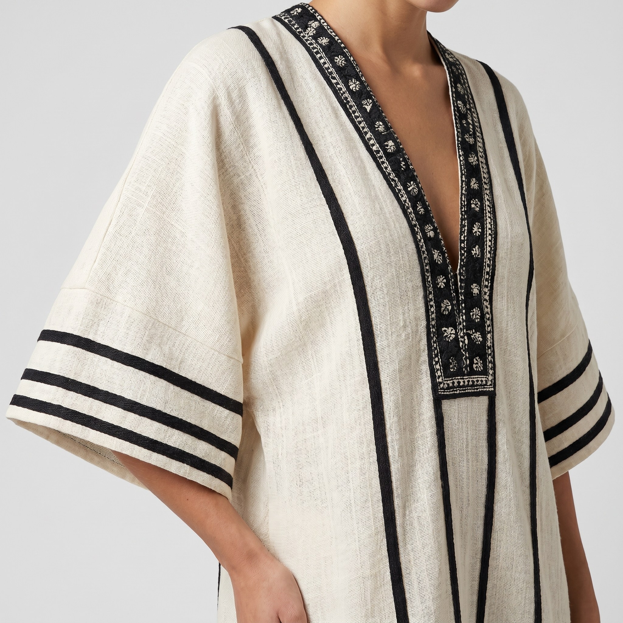Women's Striped Mini Beach Dress with Embroidered V-Neck and Wide Sleeves