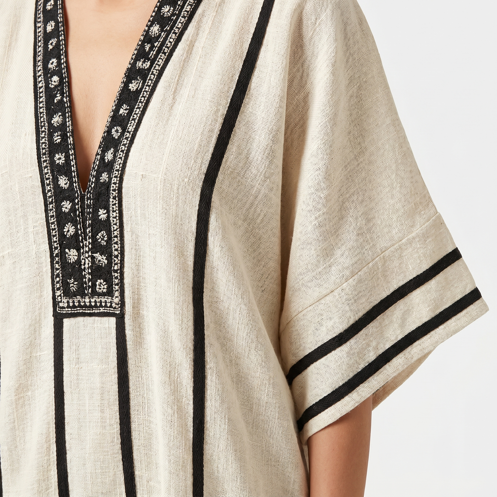 Women's Striped Mini Beach Dress with Embroidered V-Neck and Wide Sleeves