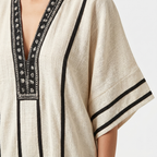 Women's Striped Mini Beach Dress with Embroidered V-Neck and Wide Sleeves