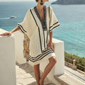 Women's Striped Mini Beach Dress with Embroidered V-Neck and Wide Sleeves