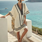 Women's Striped Mini Beach Dress with Embroidered V-Neck and Wide Sleeves