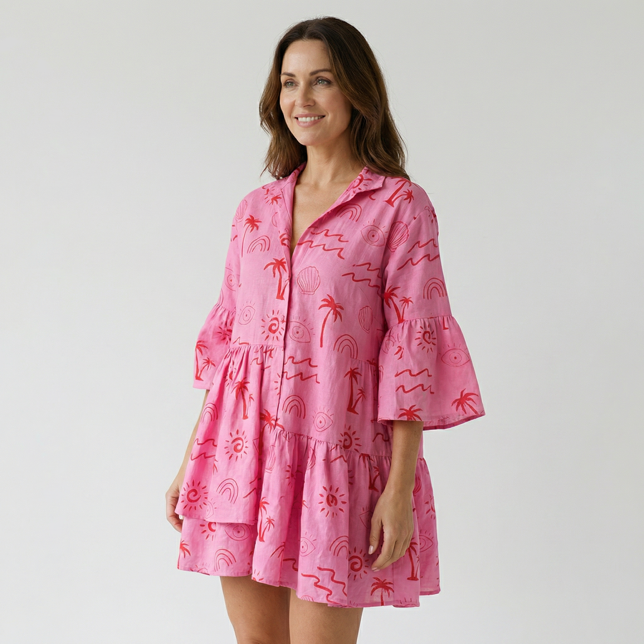 Women's Graphic Linen Mini Dress with Revere Collar