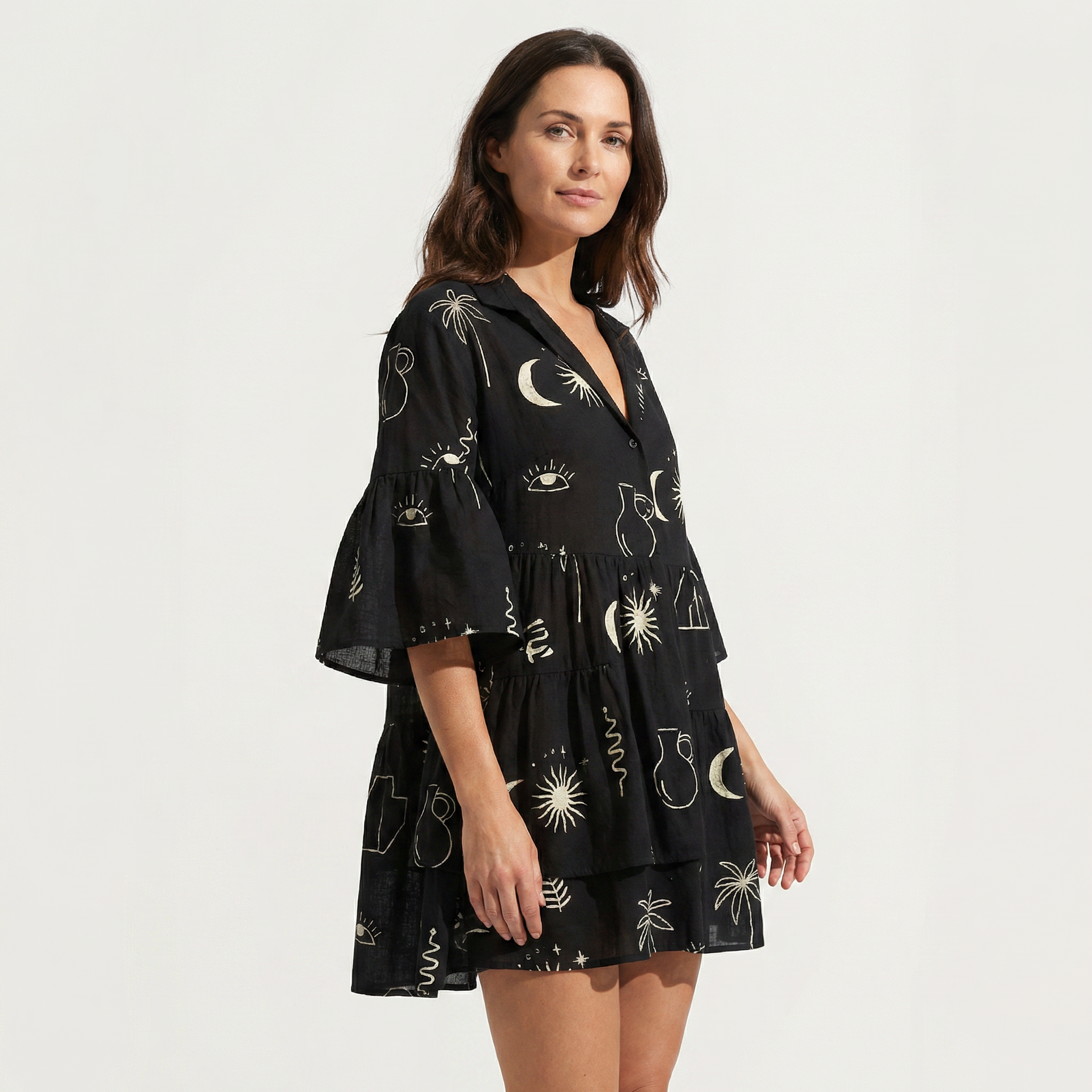 Women's Graphic Linen Mini Dress with Revere Collar