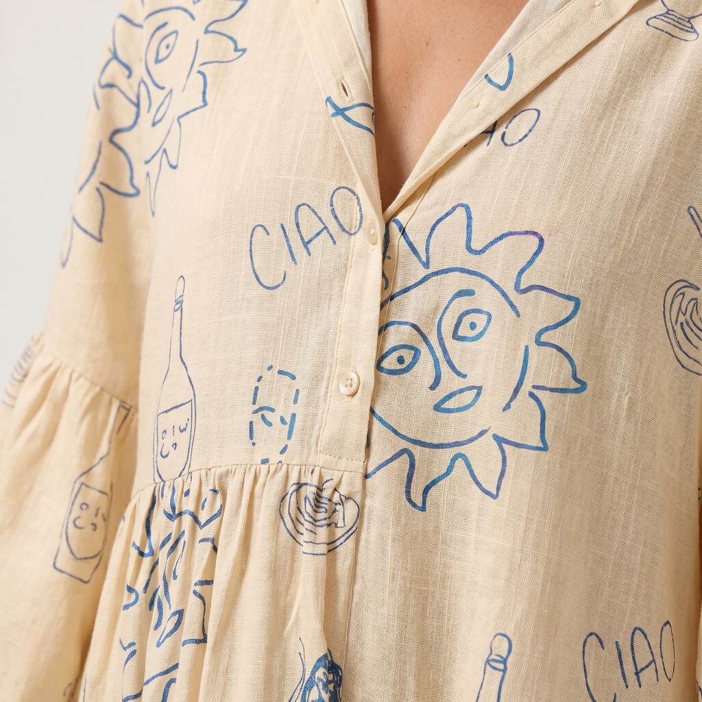 Women's Graphic Linen Mini Dress with Revere Collar