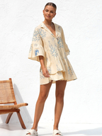 Women's Graphic Linen Mini Dress with Revere Collar