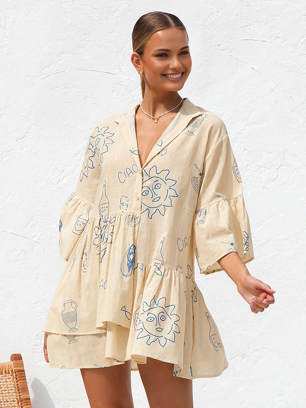 Women's Graphic Linen Mini Dress with Revere Collar